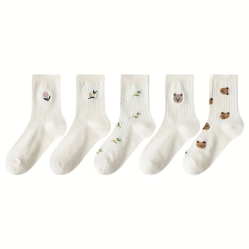 5 Pairs Floral & Bear Print Socks Women's Stockings Hosiery