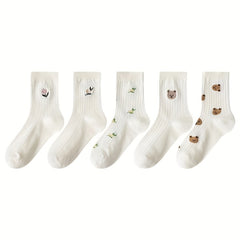 5 Pairs Floral & Bear Print Socks Women's Stockings Hosiery