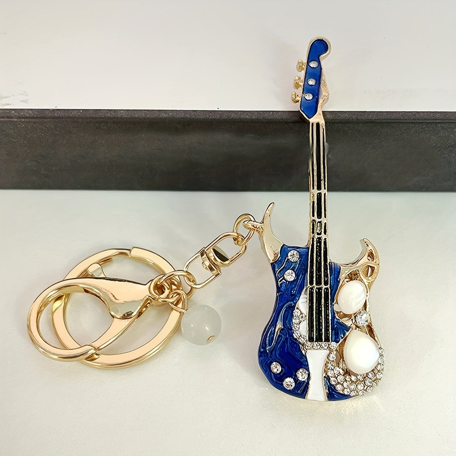 Rhinestone Guitar Keychain Musical Instrument Metal Key Ring Purse Bag Charm