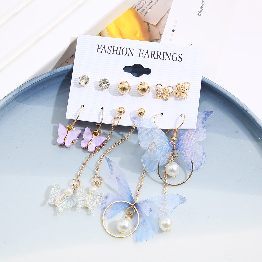 6 Pairs Butterfly Pearl Earrings Set