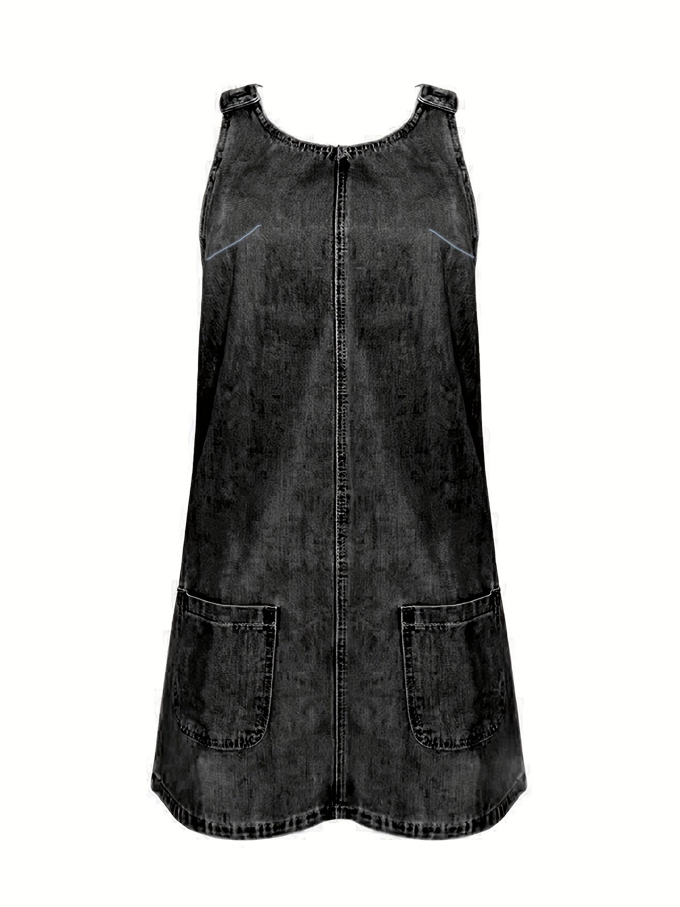 Loose Fit Denim Dress Round Neck Patch Pockets Adjustable Strap