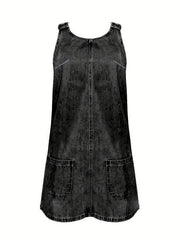 Loose Fit Denim Dress Round Neck Patch Pockets Adjustable Strap