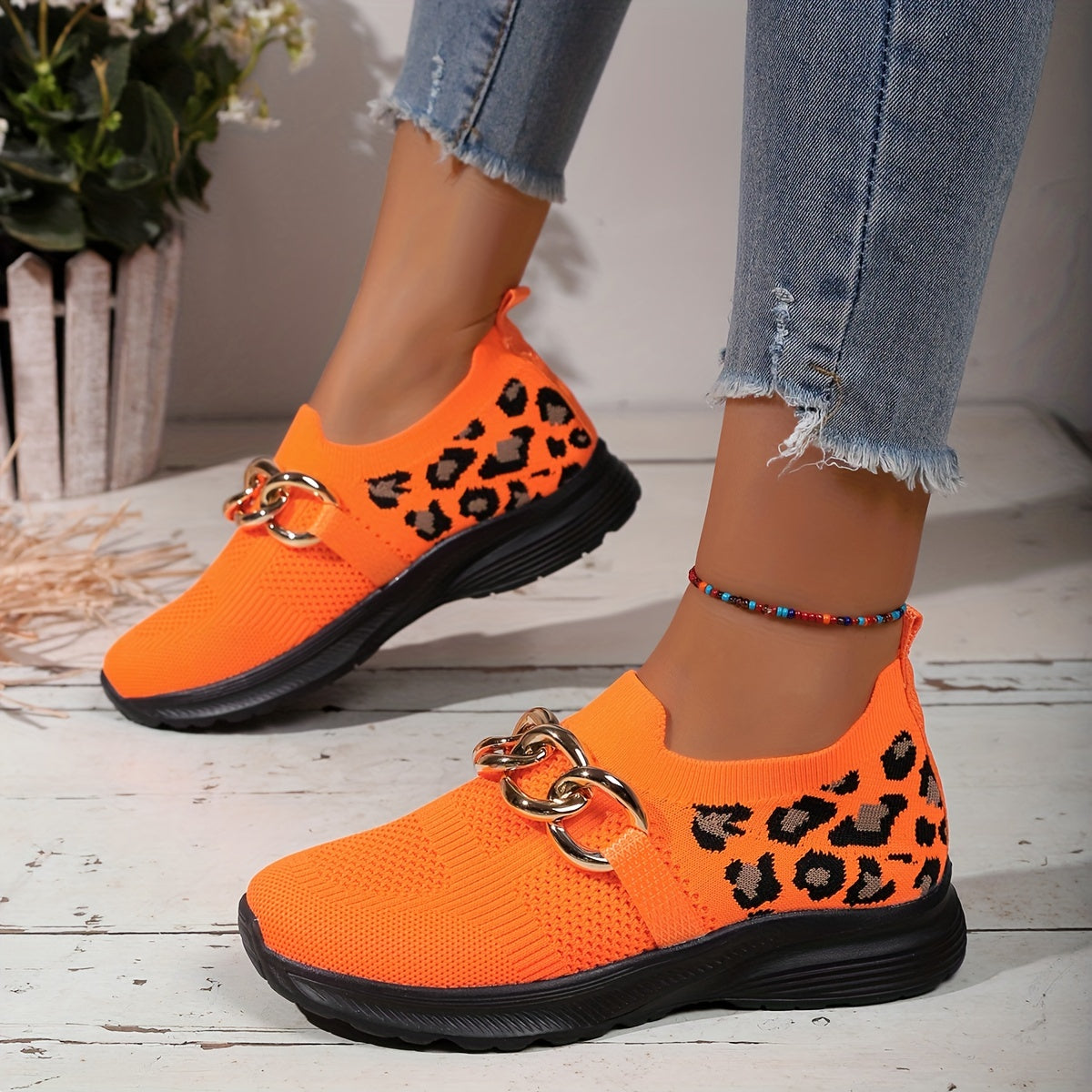 Leopard Print Low Top Sport Shoes Lightweight Walking Flats