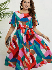  Colorblock Short Sleeve Dress With Belt