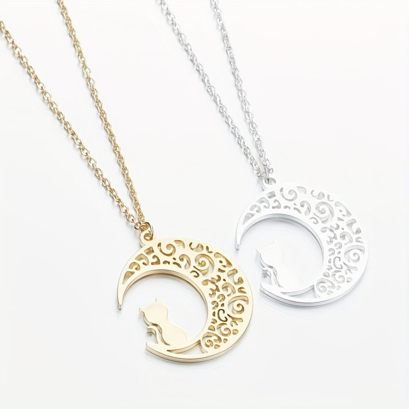Moon Cat Necklace Stainless Steel Hollowed Out Collarbone Accessory