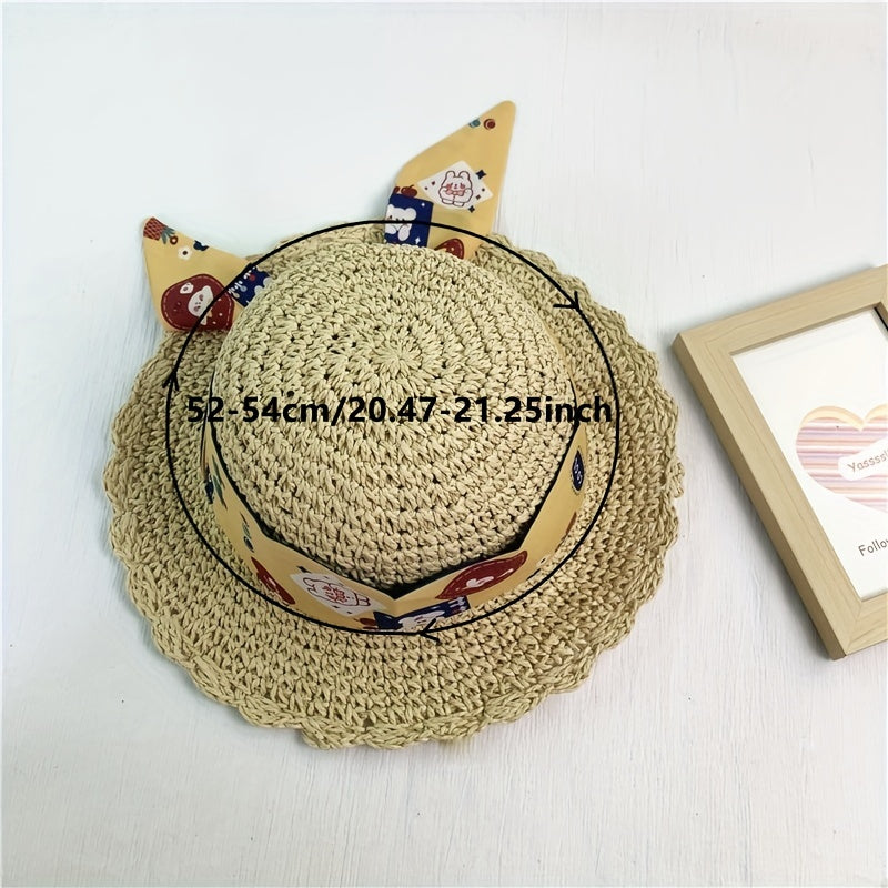 Kids Lace Ribbon Straw Hat for Girls Summer Vacation Beach Sun Hat