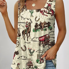  Western Tank Top Women's Cowboy Print Pleated Tank