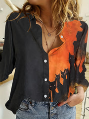  Colorblock Cat Print Long Sleeve Blouse