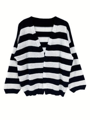  Stripe Print Drop Shoulder Cardigan