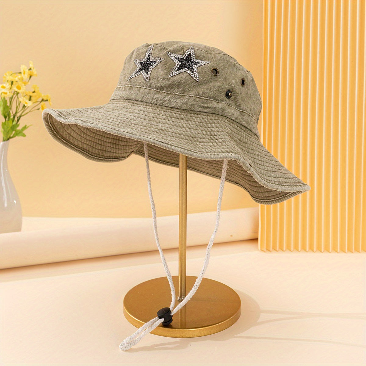 Rhinestone Pentagram Denim Bucket Hat Distressed Sun Hat Boonie Hats