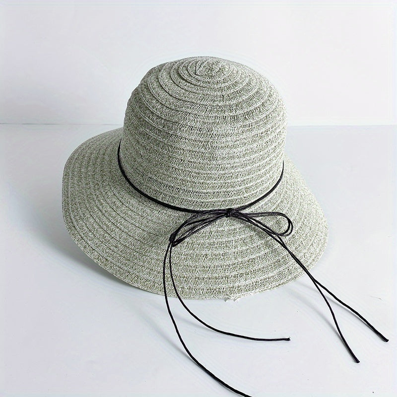 Sun Embroidery Straw Hat Ribbon Bowknot Drawstring Adjustable