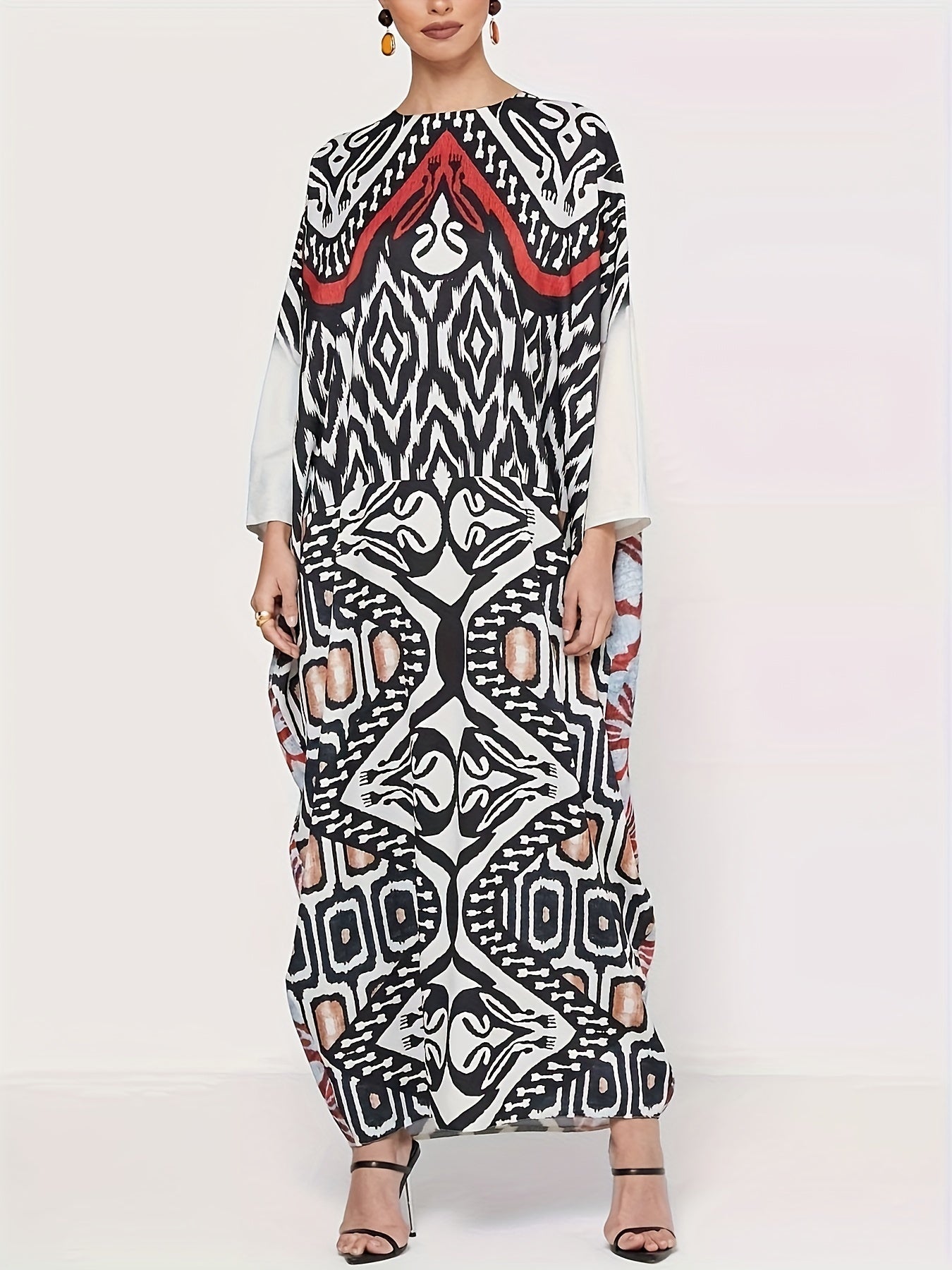 Retro Kaftan Dress Plus Size Graphic Print Batwing Sleeve Maxi Dress