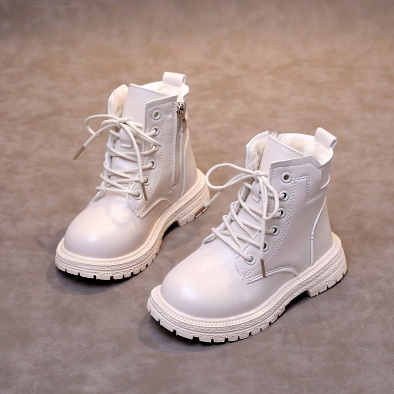 Girls Lace Up Zipper Boots Non Slip Plus Fleece for Autumn Winter