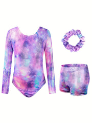 3pcs Girls Tie Dye Mermaid Leotard Sets Long Sleeve Romper Shorts Hair Band