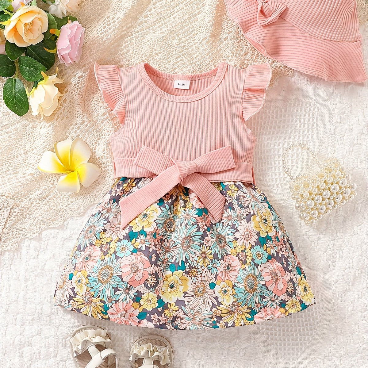 Baby Girls Floral Stitching Dress With Hat Belt 3pcs Set