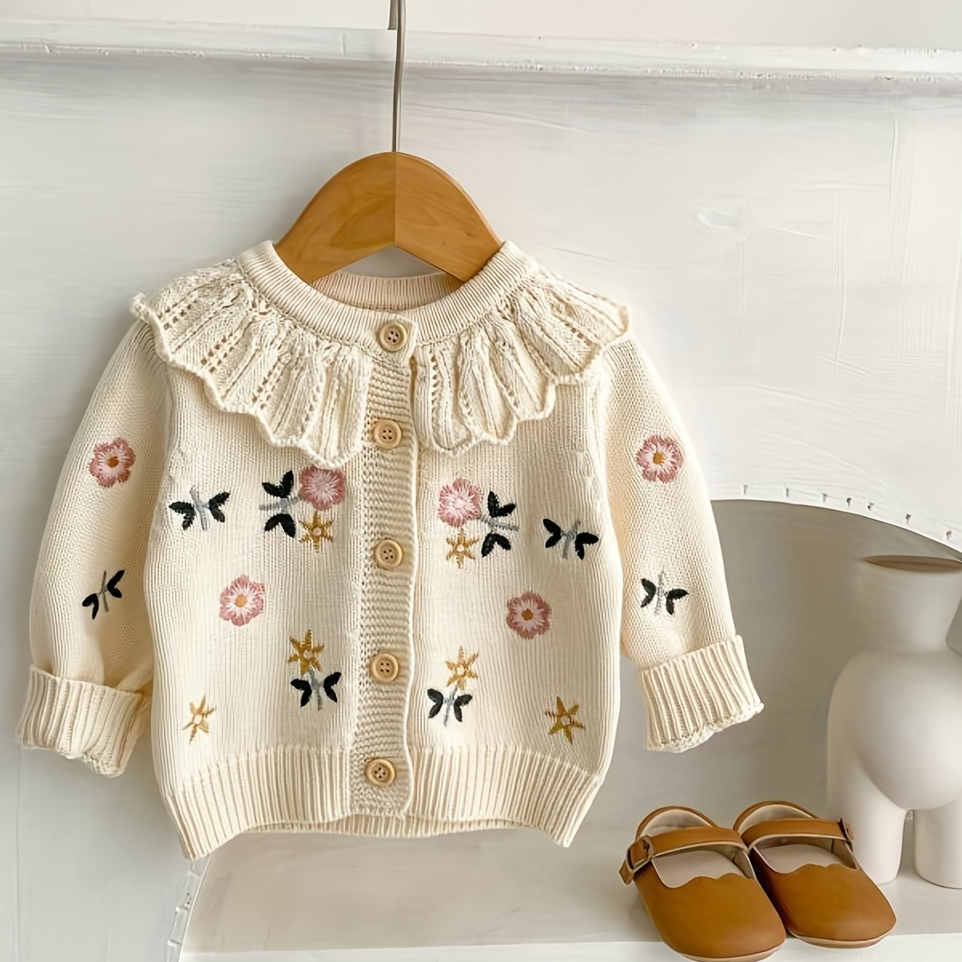 Baby Girls Flower Embroidery Ruffle Collar Knitted Cardigan Coat