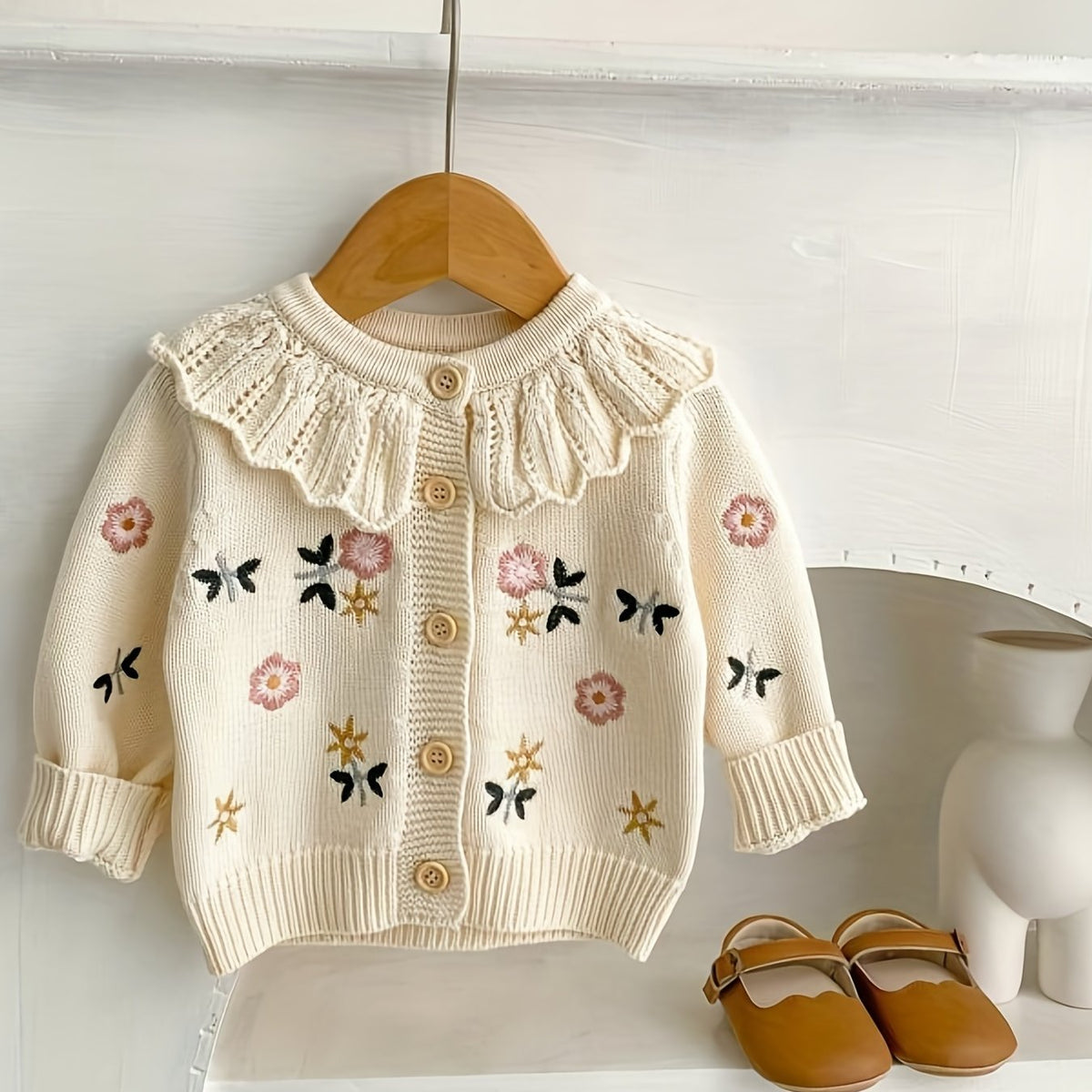 Baby Girls Flower Embroidery Ruffle Collar Knitted Cardigan Coat
