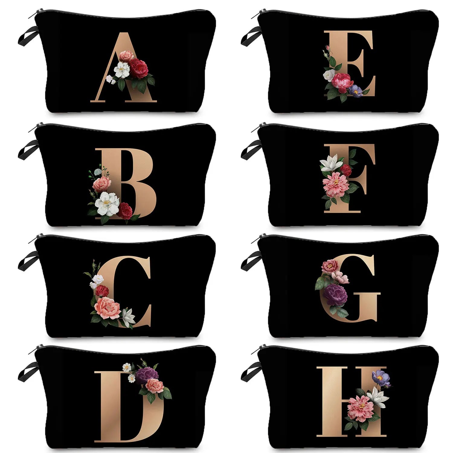 Initials Flower Cosmetic Bag A-Z Letter Makeup Bags Women Travel Bridesmaid