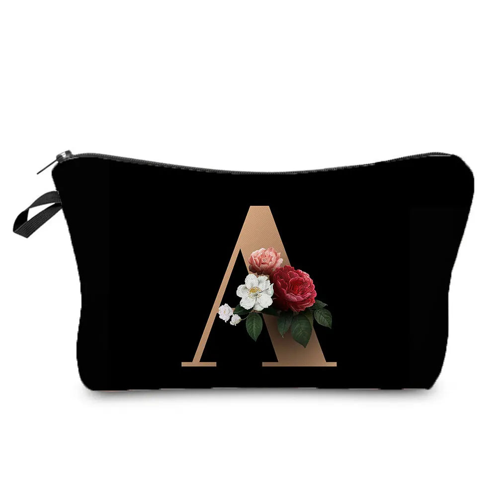 Initials Flower Cosmetic Bag A-Z Letter Makeup Bags Women Travel Bridesmaid