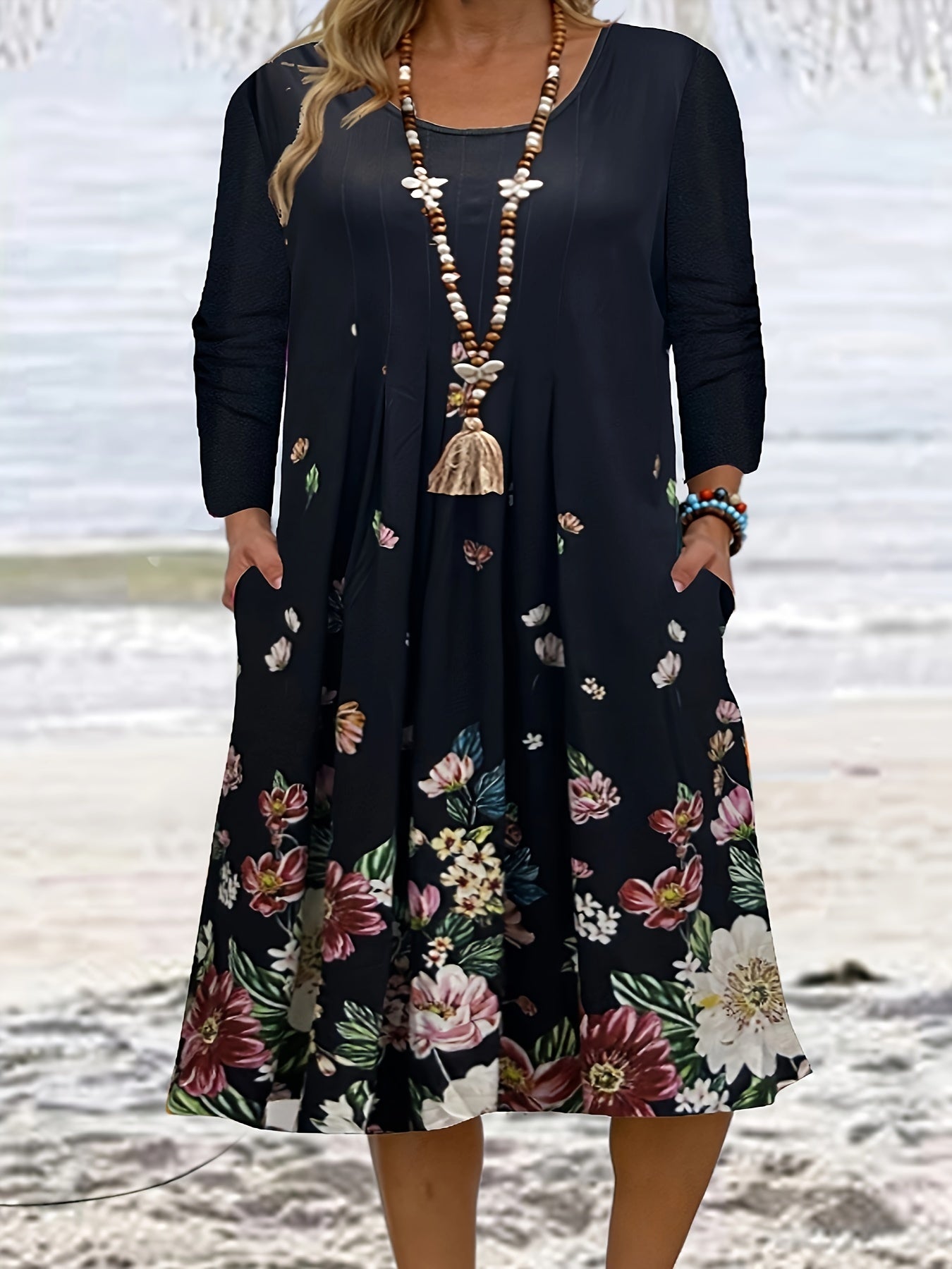  Floral Print Long Sleeve Dress With Pockets