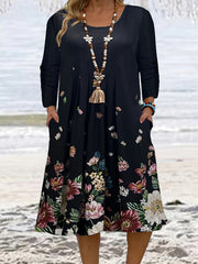  Floral Print Long Sleeve Dress With Pockets