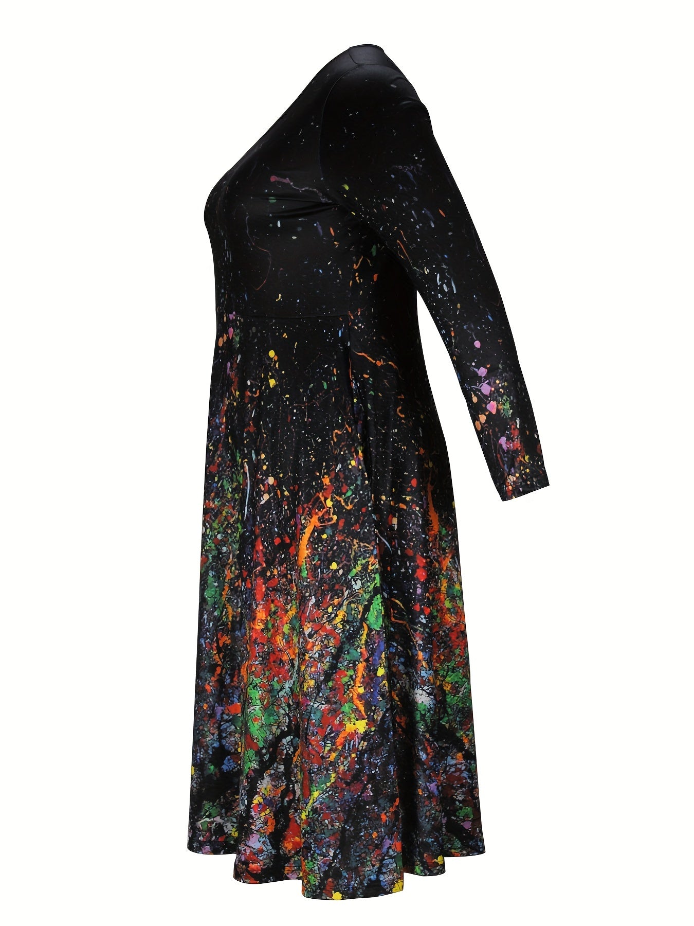  Splash Print Long Sleeve Round Neck Dress