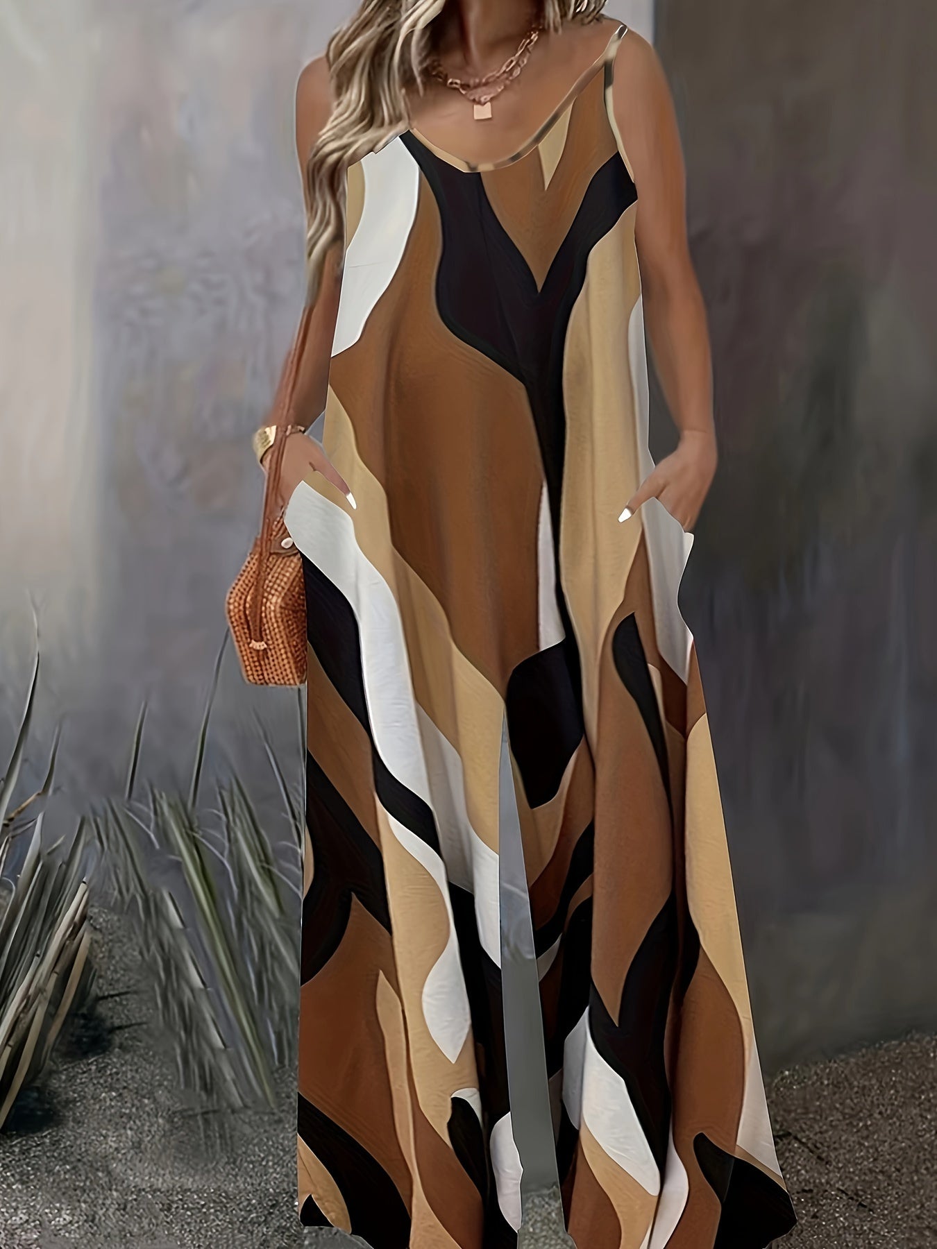  Allover Print V Neck Wide Leg Jumpsuit