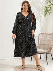  Dot Print Lantern Sleeve V Neck Midi Dress