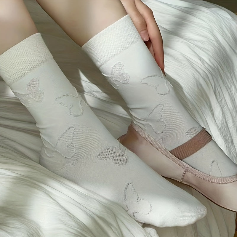 Heart Print Socks Breathable Textured Women's Stockings