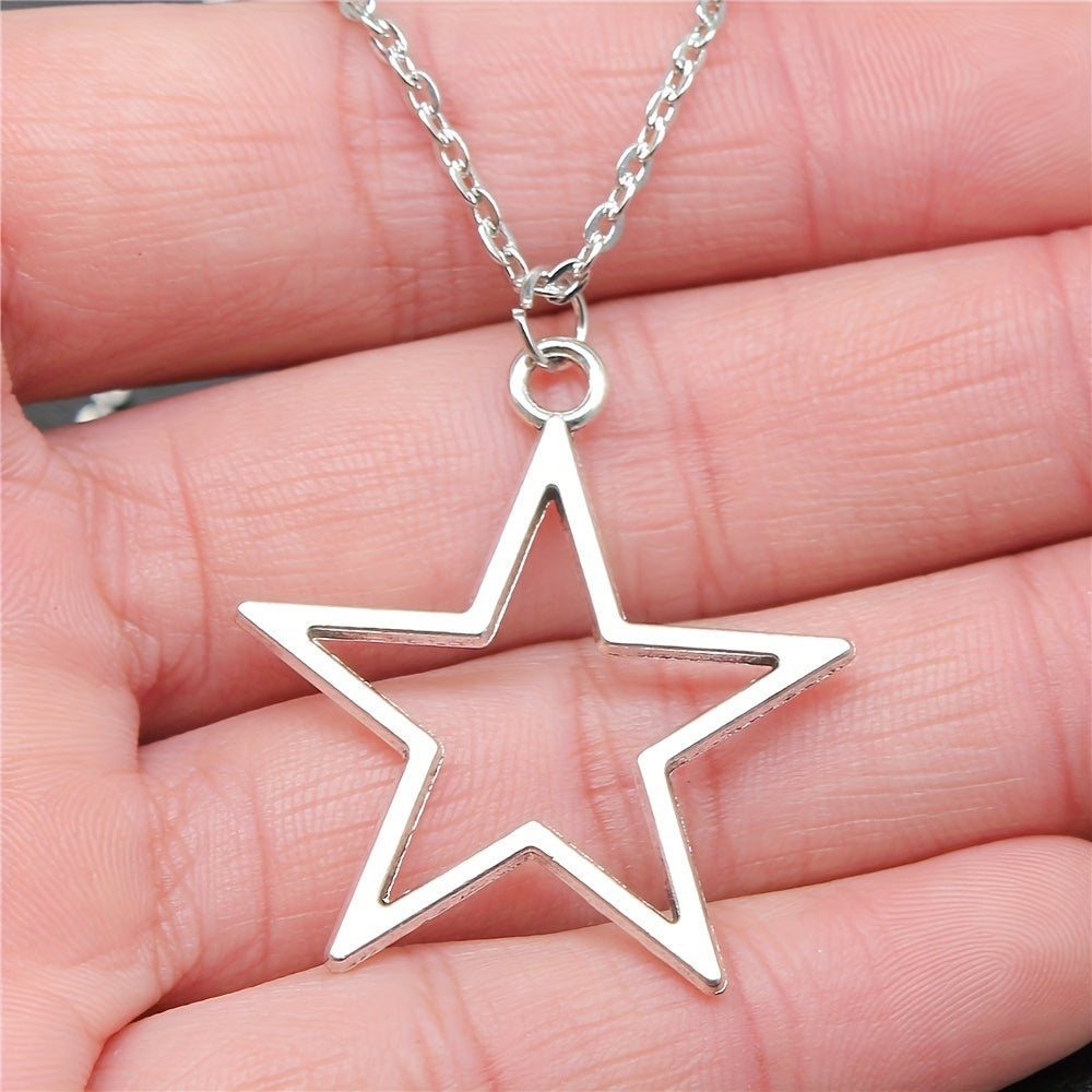Silver Big Star Pendant Necklace 36x33mm Hollow Pentagram Geometric Chain
