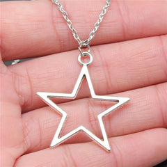 Silver Big Star Pendant Necklace 36x33mm Hollow Pentagram Geometric Chain