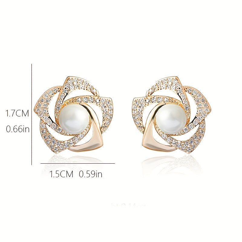 Vintage Rose Flower Rhinestone Pearl Stud Earrings Jewelry Gift
