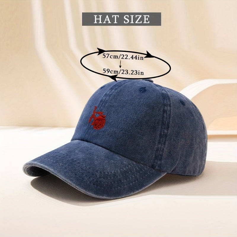 Red Rose Embroidery Baseball Cap Washed Distressed Sports Hat