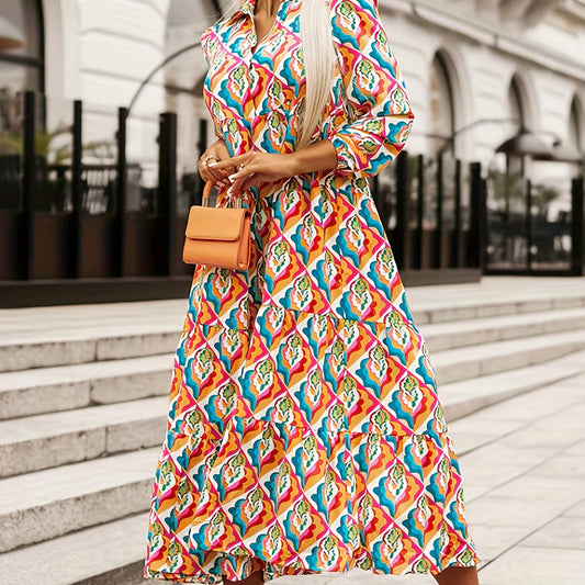  Floral Print Long Sleeve Midi Shirt Dress