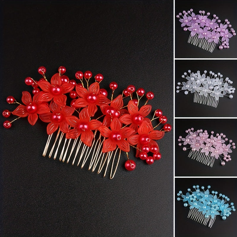 Crystal Flower Hair Comb Wedding Bridal Hair Comb Faux Pearl Flower Insert Comb