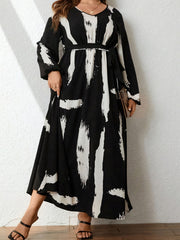  Brush Print Lantern Sleeve Maxi Dress With Belt
