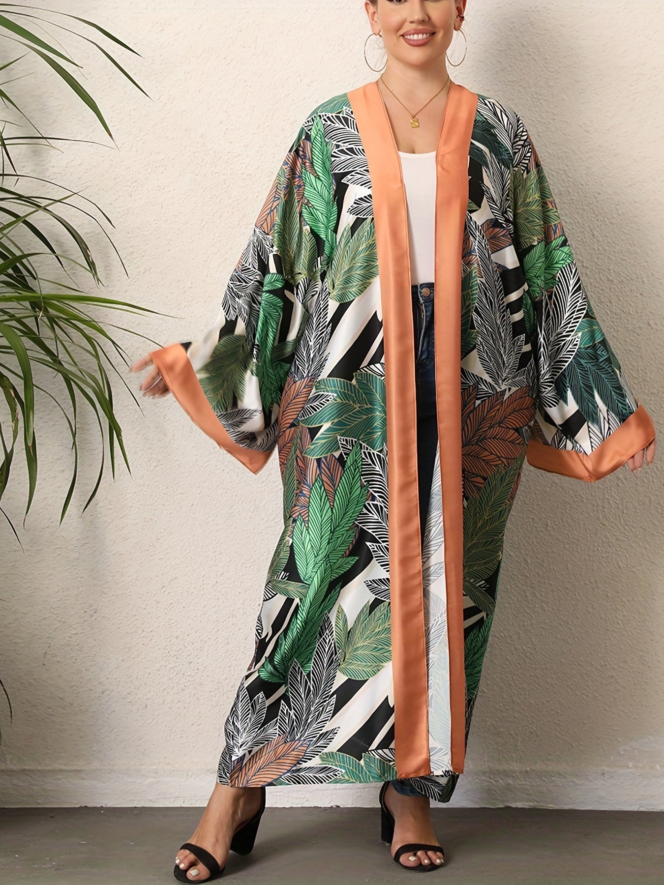  Boho Kimono Tropical Print Long Sleeve Beach Cover Up