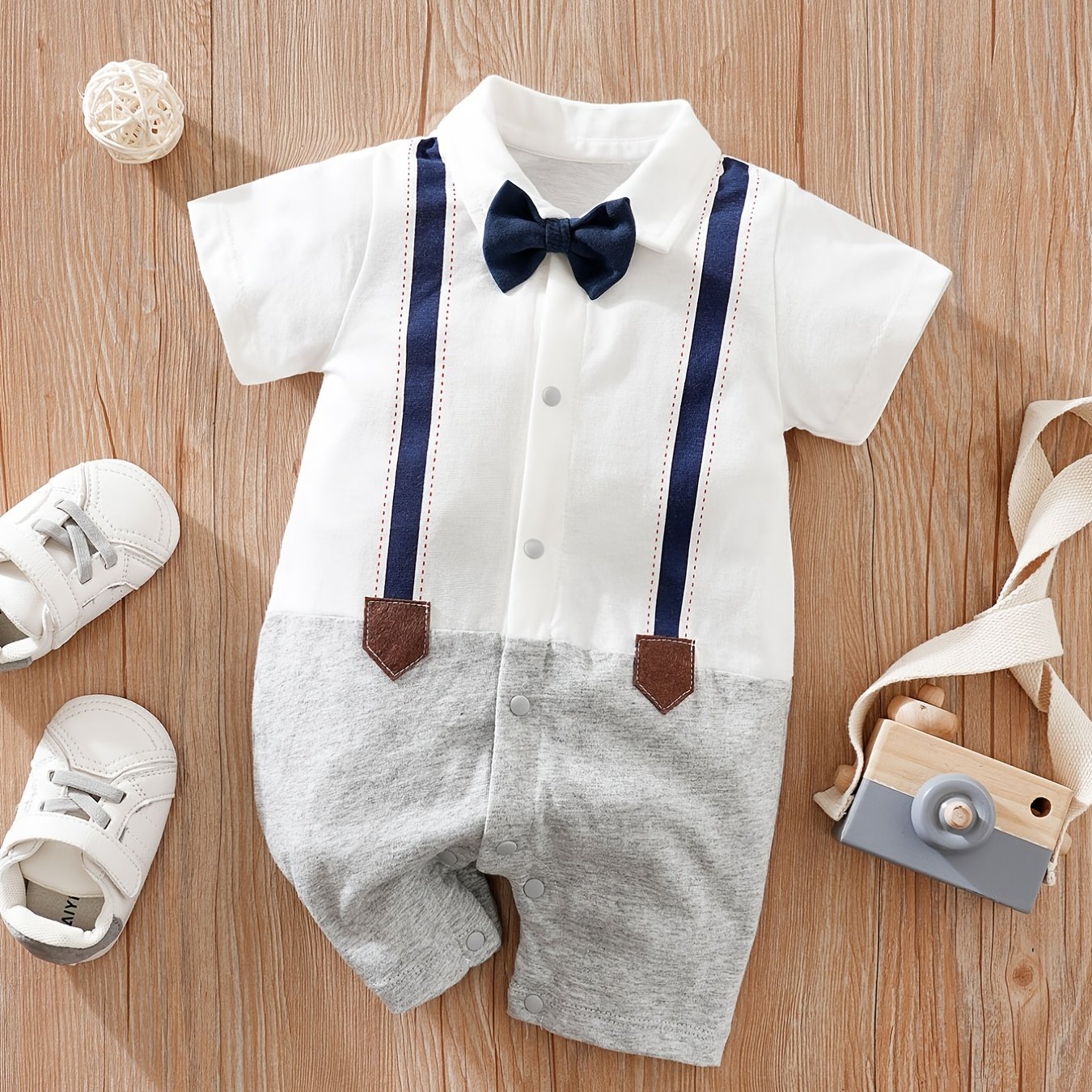 Newborn Infant Short Sleeve Gentleman Romper Cotton Button Bowtie Jumpsuits