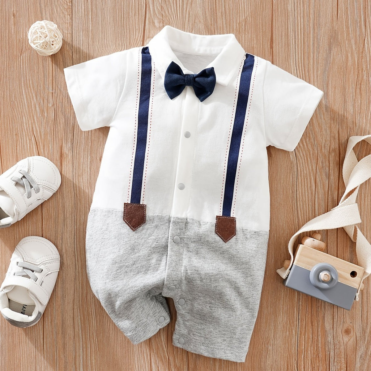 Newborn Infant Short Sleeve Gentleman Romper Cotton Button Bowtie Jumpsuits