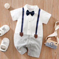 Newborn Infant Short Sleeve Gentleman Romper Cotton Button Bowtie Jumpsuits