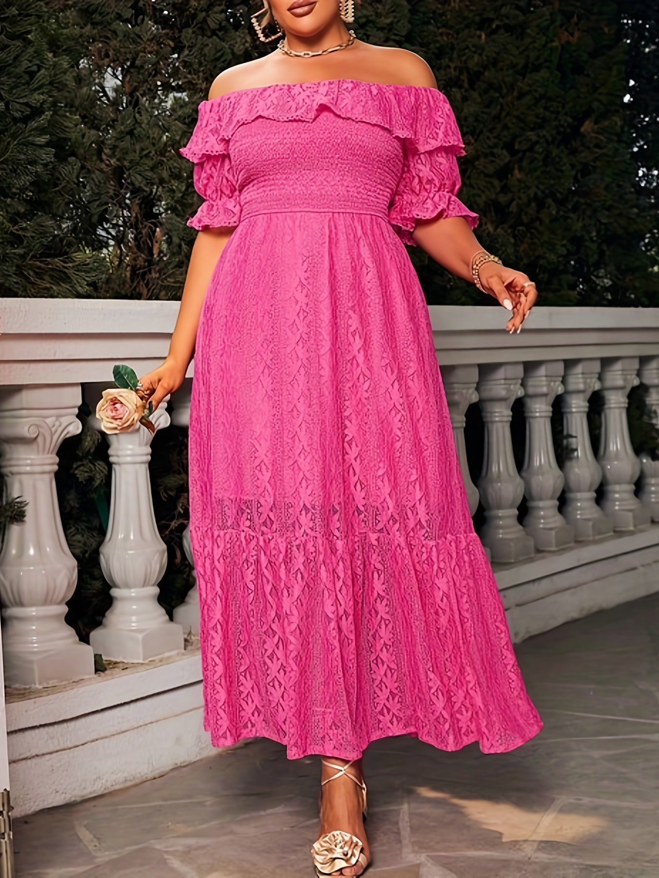  Lace Ruffle Off Shoulder Maxi Smock Dress