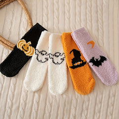 5 Pairs Cute Cartoon Print & Fuzzy Warm Halloween Socks