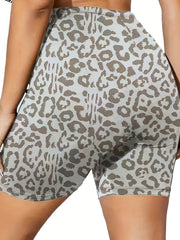  Leopard Print Ruched High Rise Sports Shorts