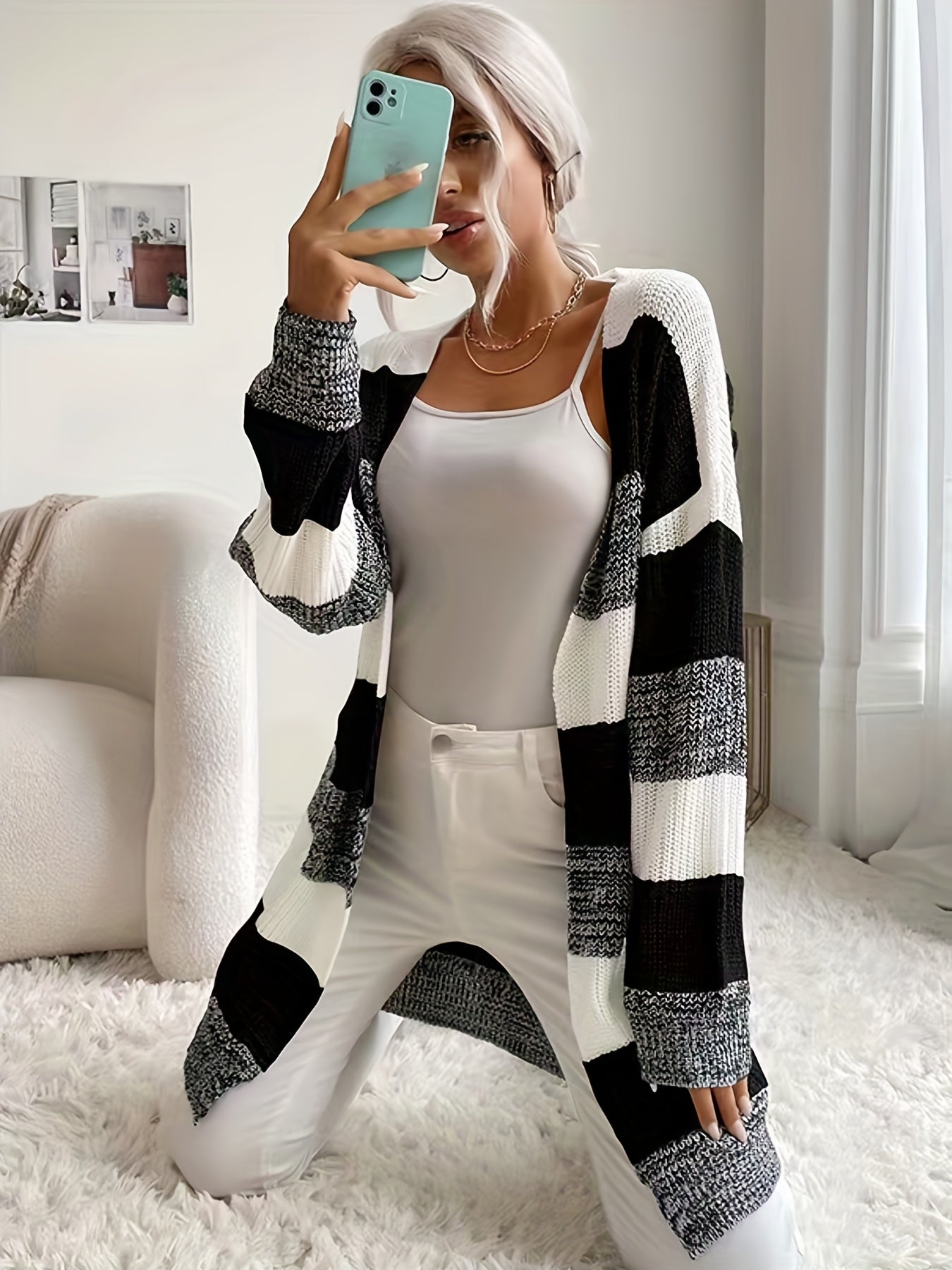  Colorblock Long Sleeve Open Front Casual Cardigan