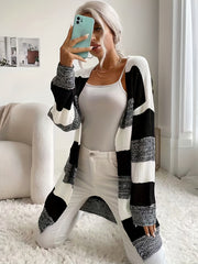  Colorblock Long Sleeve Open Front Casual Cardigan