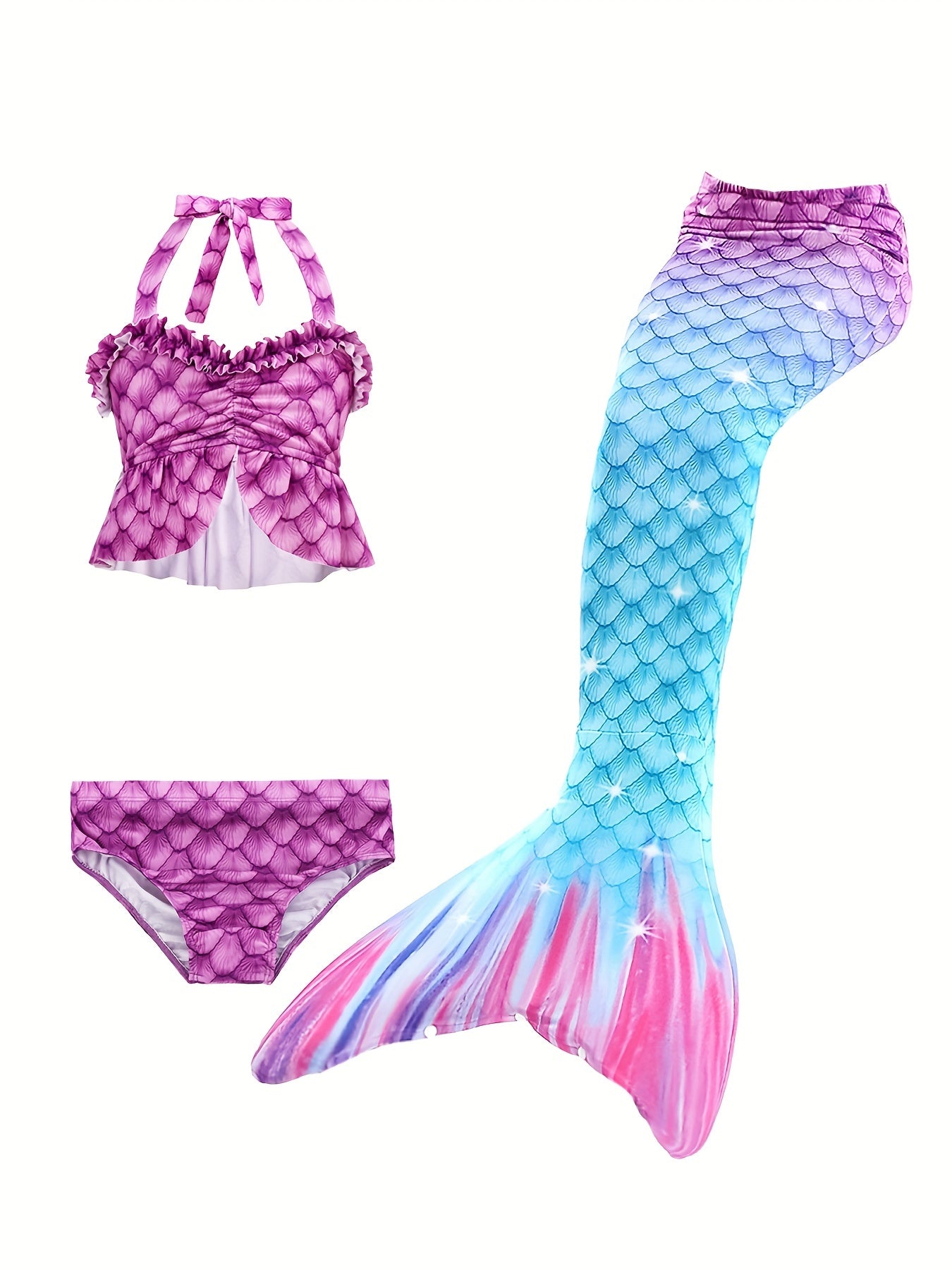 Girls Mermaid Swimsuit 3pcs Halter Bikini Set & Mermaid Tail