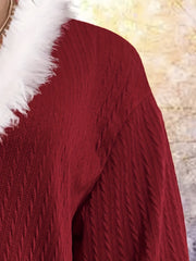  Colorblock Jacquard Fuzzy Trim V Neck Sweater