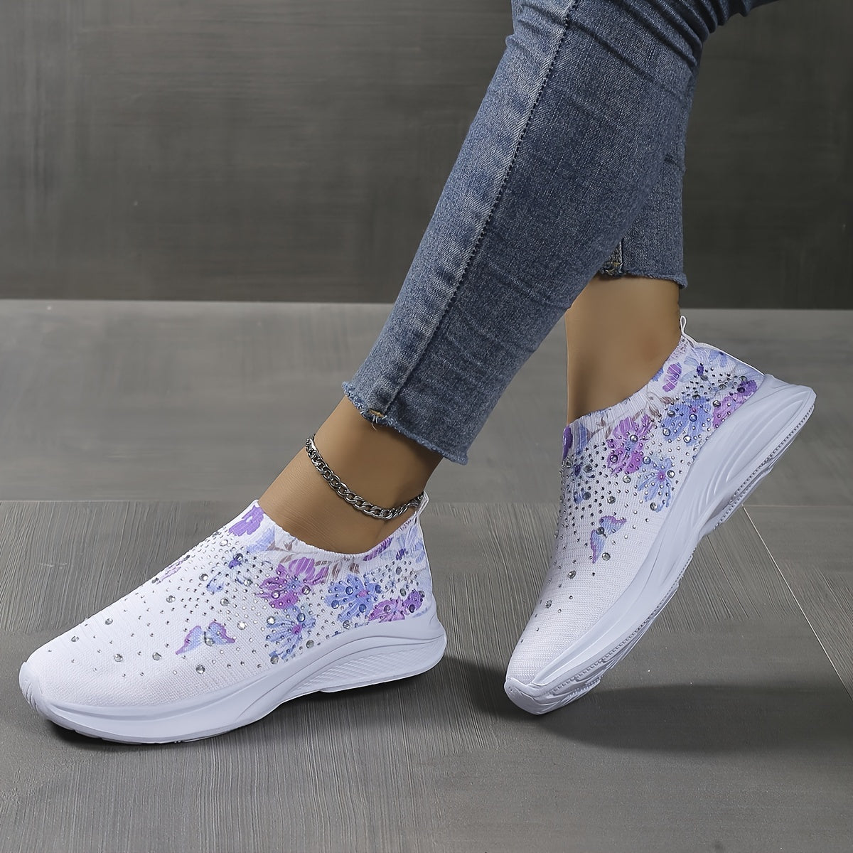 Women's Rhinestone Knit Sneakers Butterfly Pattern Slip On Shoes