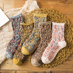 Vintage Floral Print Curling Socks - Comfy & Breathable - Women's Stockings