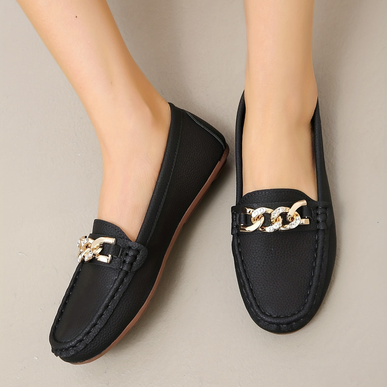 Chain Decor Flat Loafers with Rhinestone Soft Sole Slip On Shoes